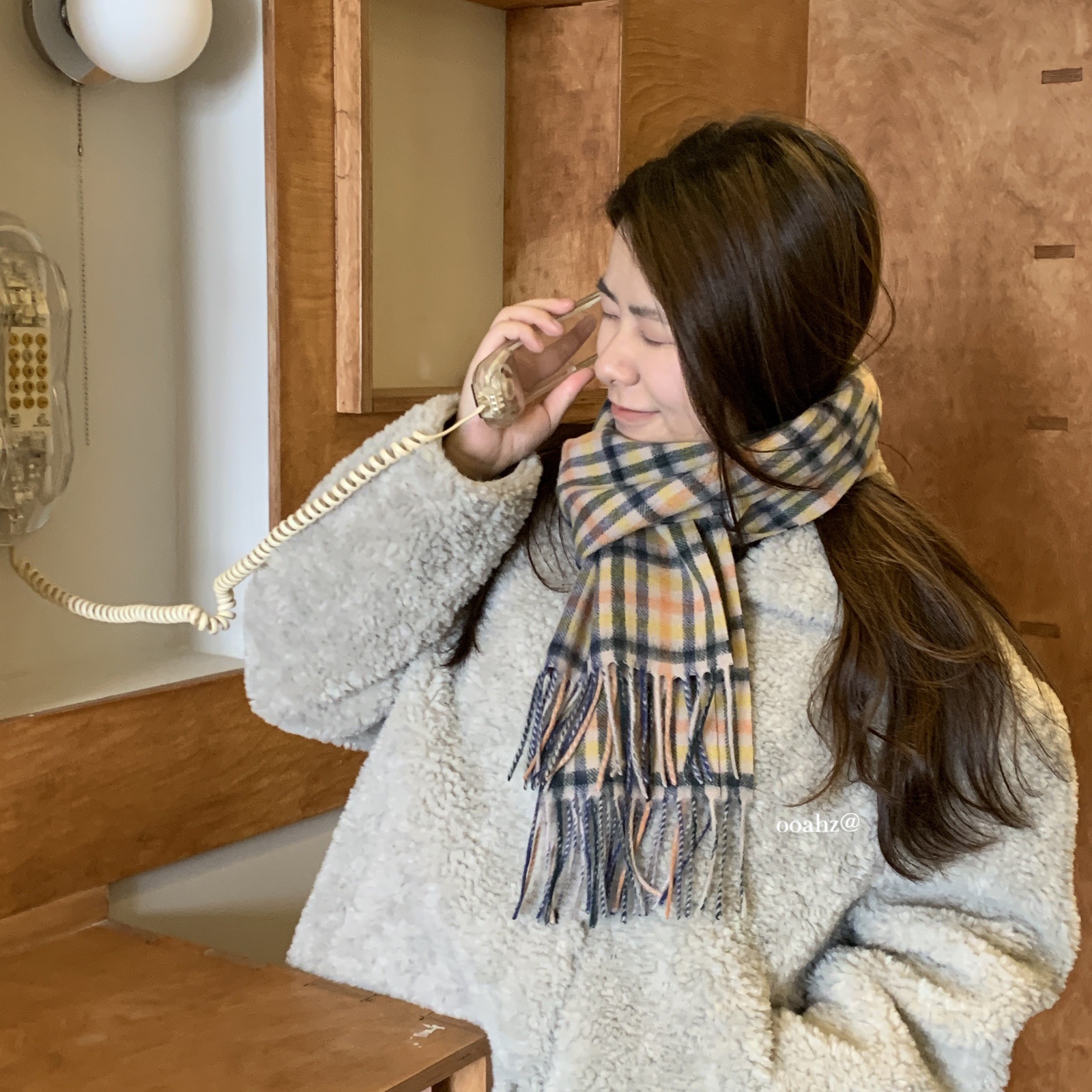 美娜同款~100纯羊毛蓝色格子围巾 秋冬保暖韩国ins博主流苏女围脖