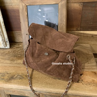 香奶中古~驼色麂皮绒菱格包腋下包高级感链条单肩大容量ins托特包