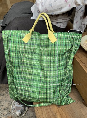 绿光之夏~清新文艺绿色系布袋 大容量格子手提斜挎包百搭通勤包包