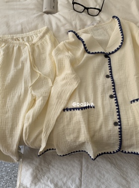 慵懒风奶黄色高级棉纱睡衣女春夏款新款大码纯棉家居服套装可外穿