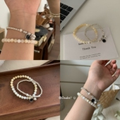 白云石边 叠戴米白小串珠手链小众金属银笑脸甜美ins显白手串手饰