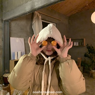 小巫女帽～韩国系带毛绒雷锋帽秋冬保暖帽子女滑雪包头加绒护耳帽