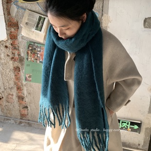 好热好热～少见孔雀蓝仿马海毛 ooahz自制韩国厚实情侣纯色大围巾