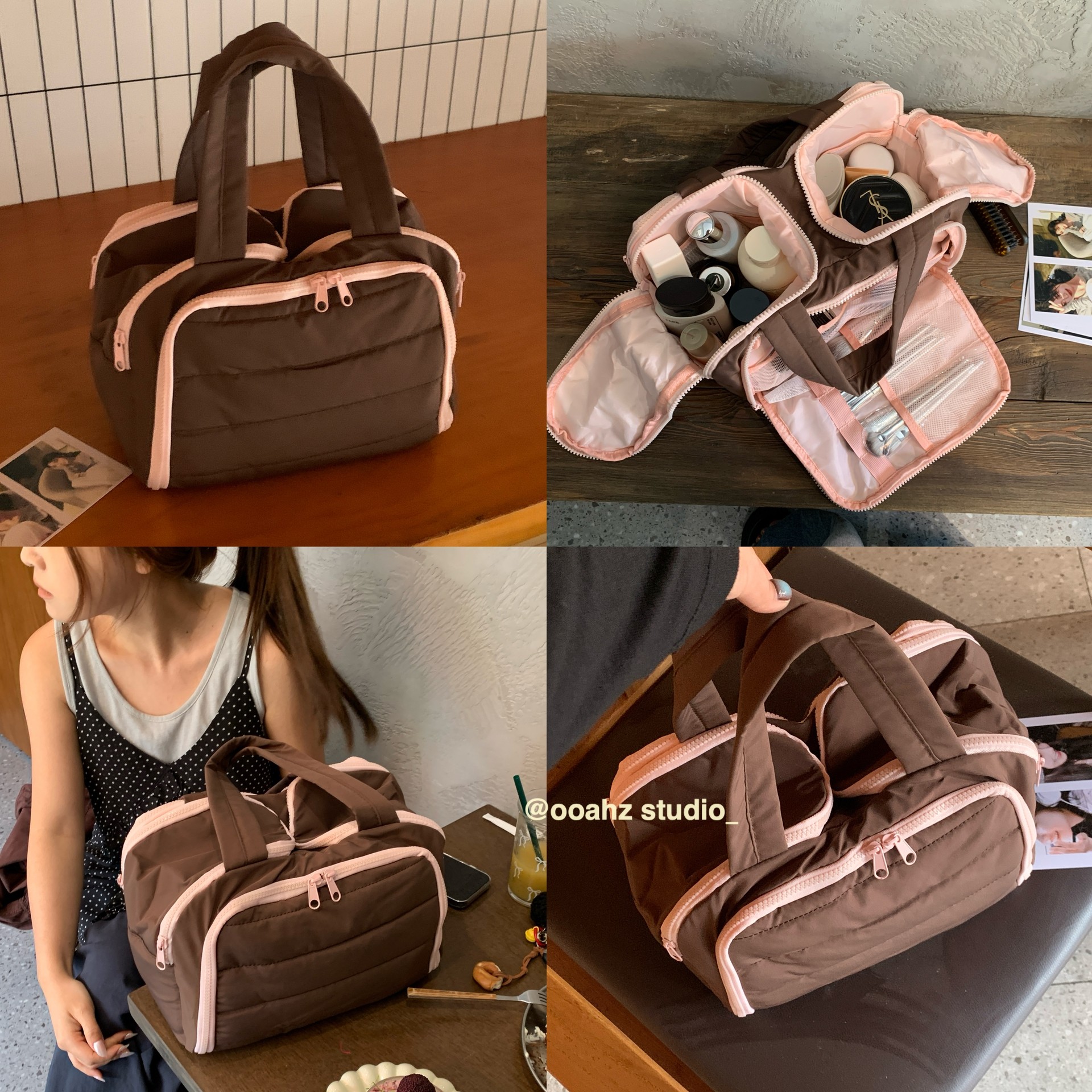 树莓咖啡~双宽四开口大容量手提化妆包 便携旅行分区收纳包洗漱包