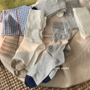 百搭中筒袜泡泡口袜子 秋冬韩系ins拼色撞色无骨堆堆袜 蓬蓬感觉