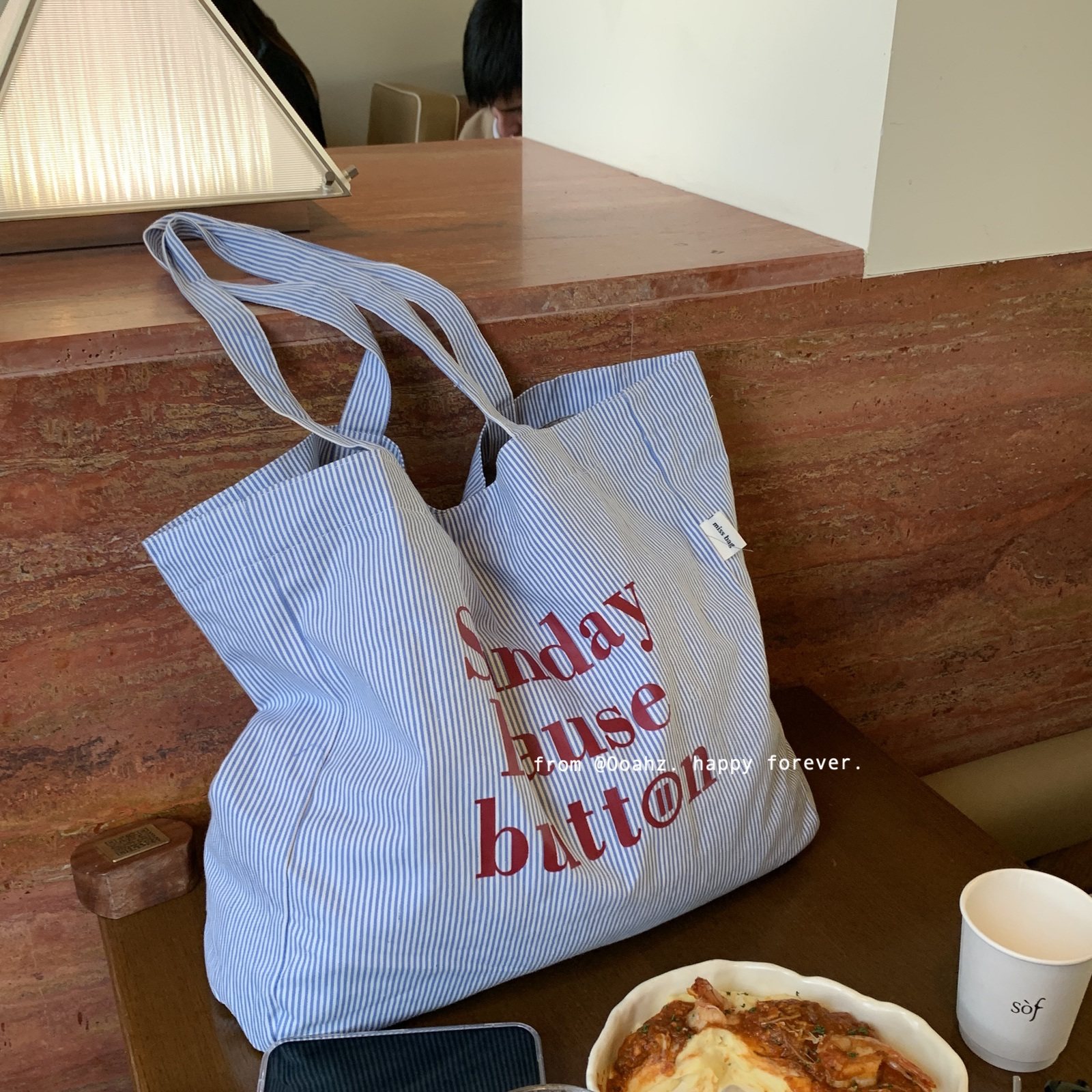 "周末暂停"春夏托特包大容量字母条纹单肩包帆布包简约休闲购物袋