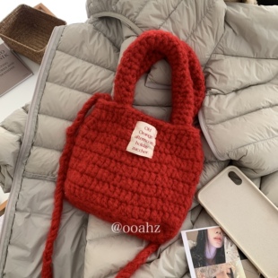 低糖低卡:圣诞红~韩国手工针织毛线包 ooahz自制手提包百搭斜挎包