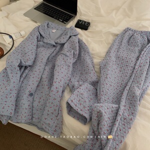 小樱桃｜棉质加厚 菱格长袖家居服秋冬韩国少女舒适开衫睡衣套装