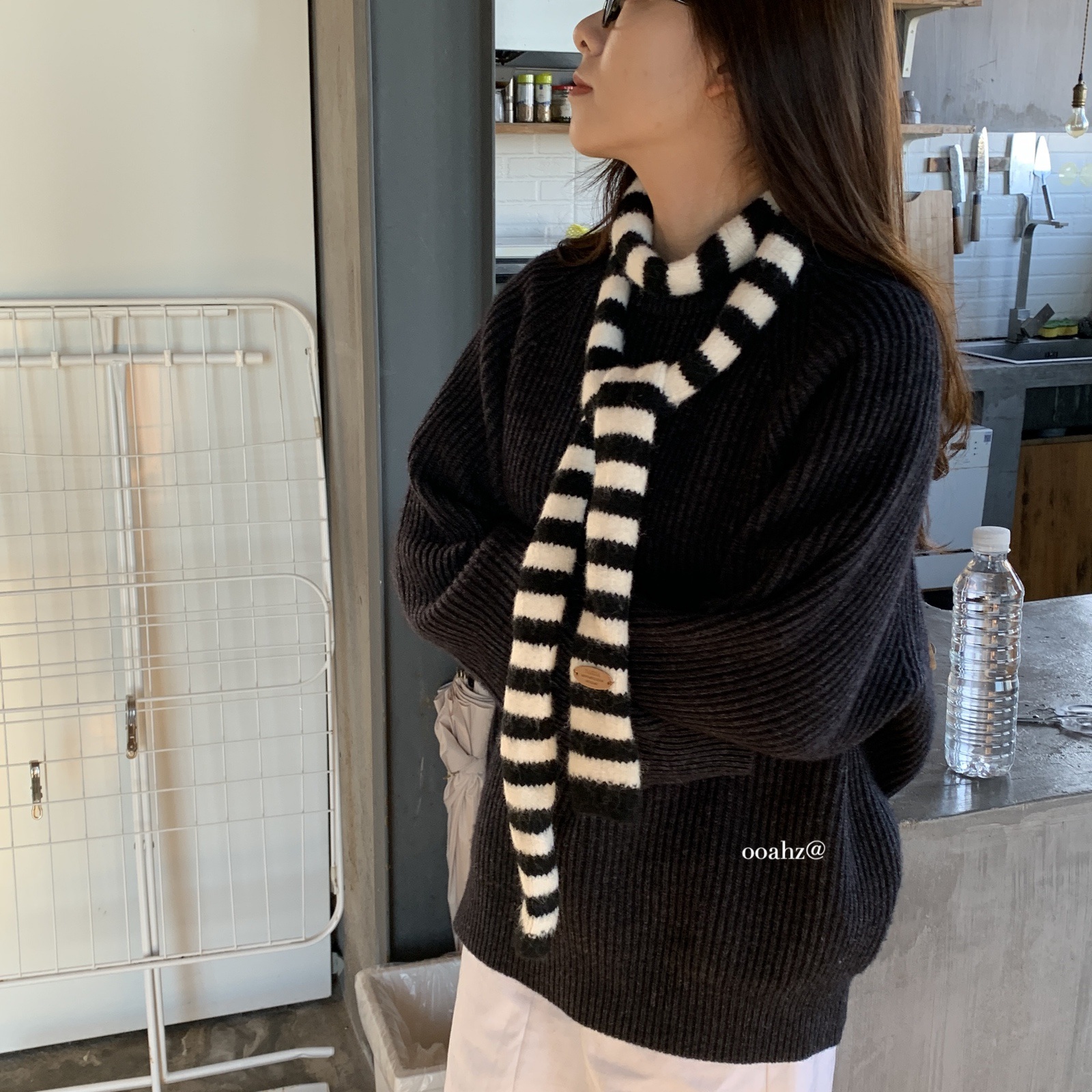 韩系氛围感秋冬条纹细窄长款围巾