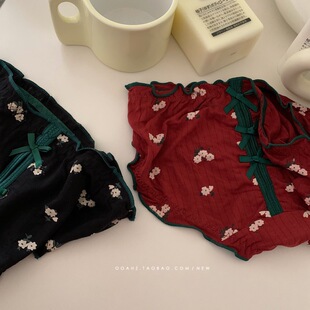 笑靥花｜复古撞色 可爱甜心后镂空蝴蝶结印花棉性感低腰女内裤