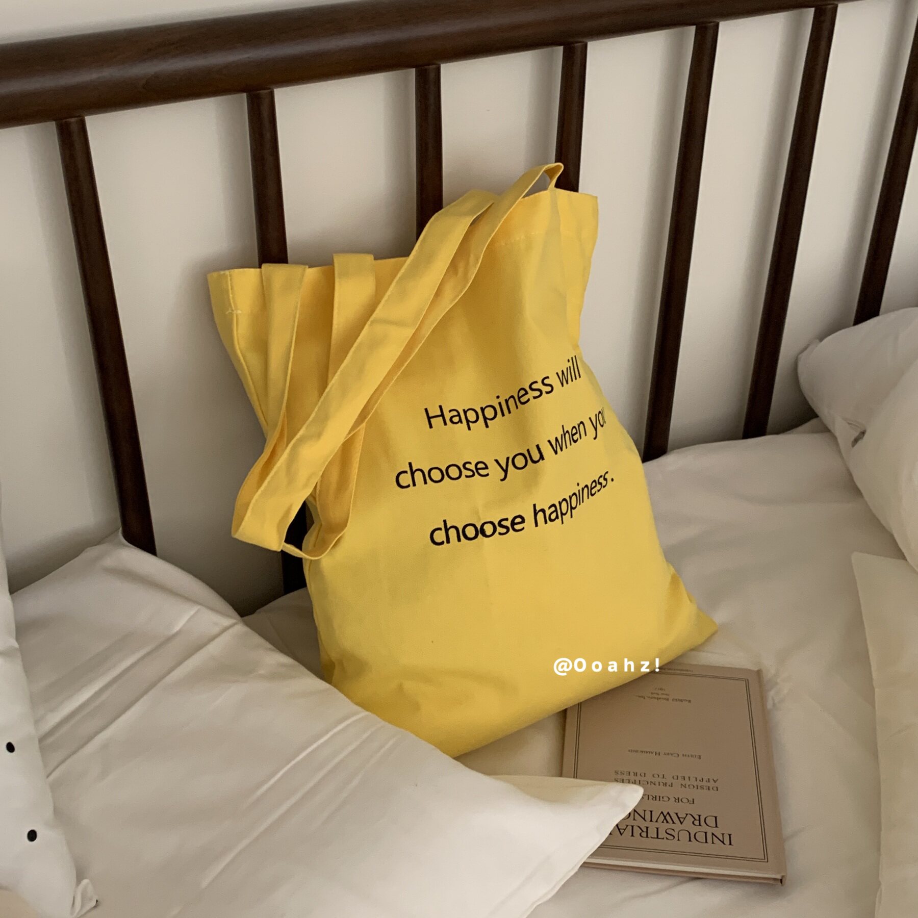 "夏日明黄"OOAHZ自制字母印花布袋 韩国Ins上课包帆布包袋购物袋