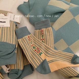 海盐奶酥｜nai蓝 复古韩国女袜棉中筒袜子英伦风堆堆袜ins花袜子