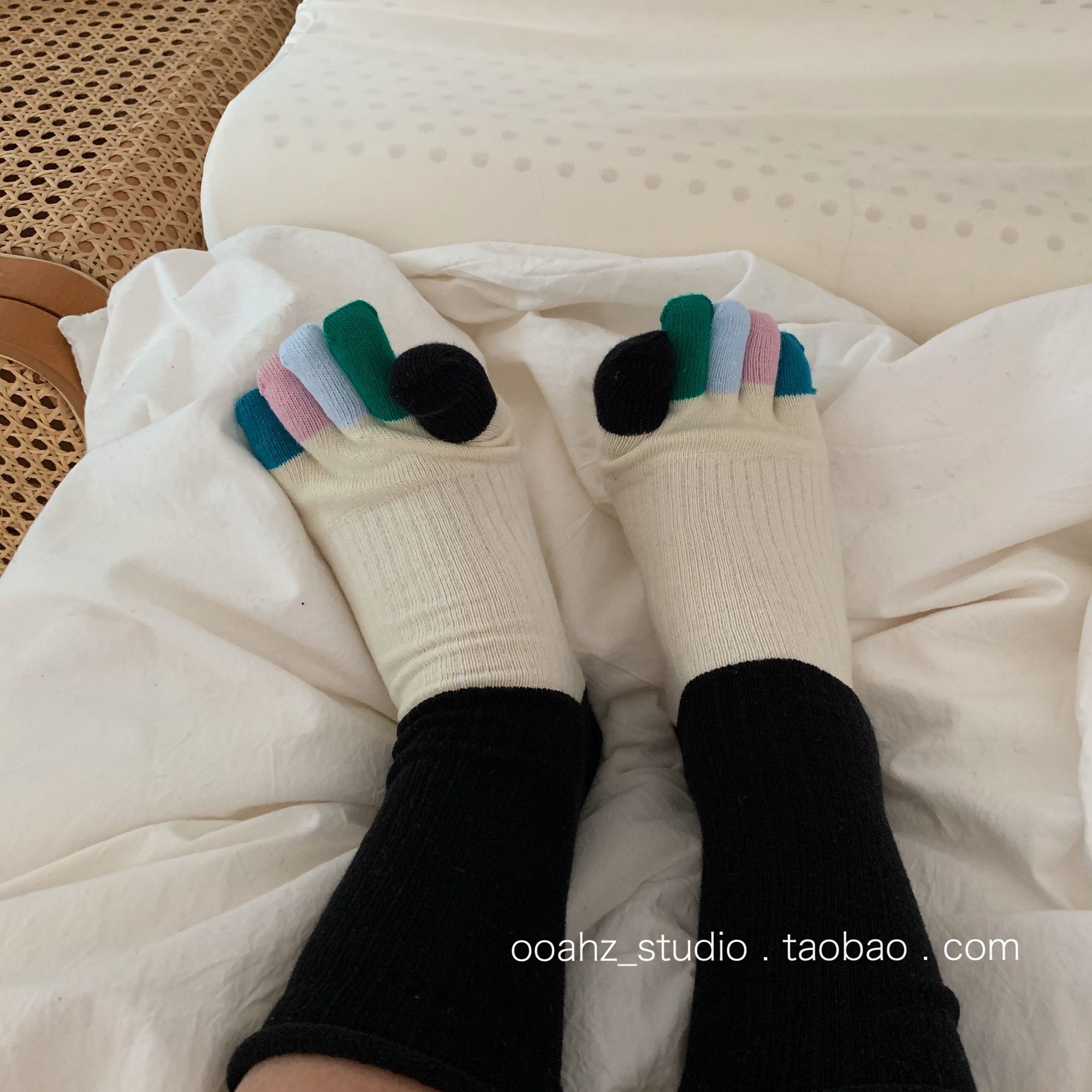 分趾袜子~日系五指袜女 全棉中筒袜彩指拼色女瑜伽健身袜堆堆袜