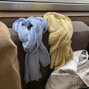 森系亚麻 复古纯色女春秋文艺范百搭长条围脖 肌理纹柔软棉麻围巾