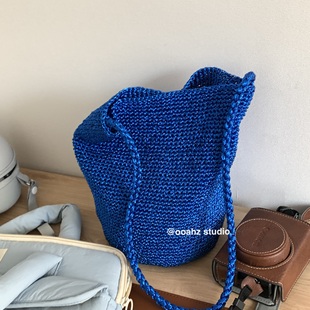 电光宝蓝~金属线!小众手工编织银色手提包 韩国单肩包百搭水桶包