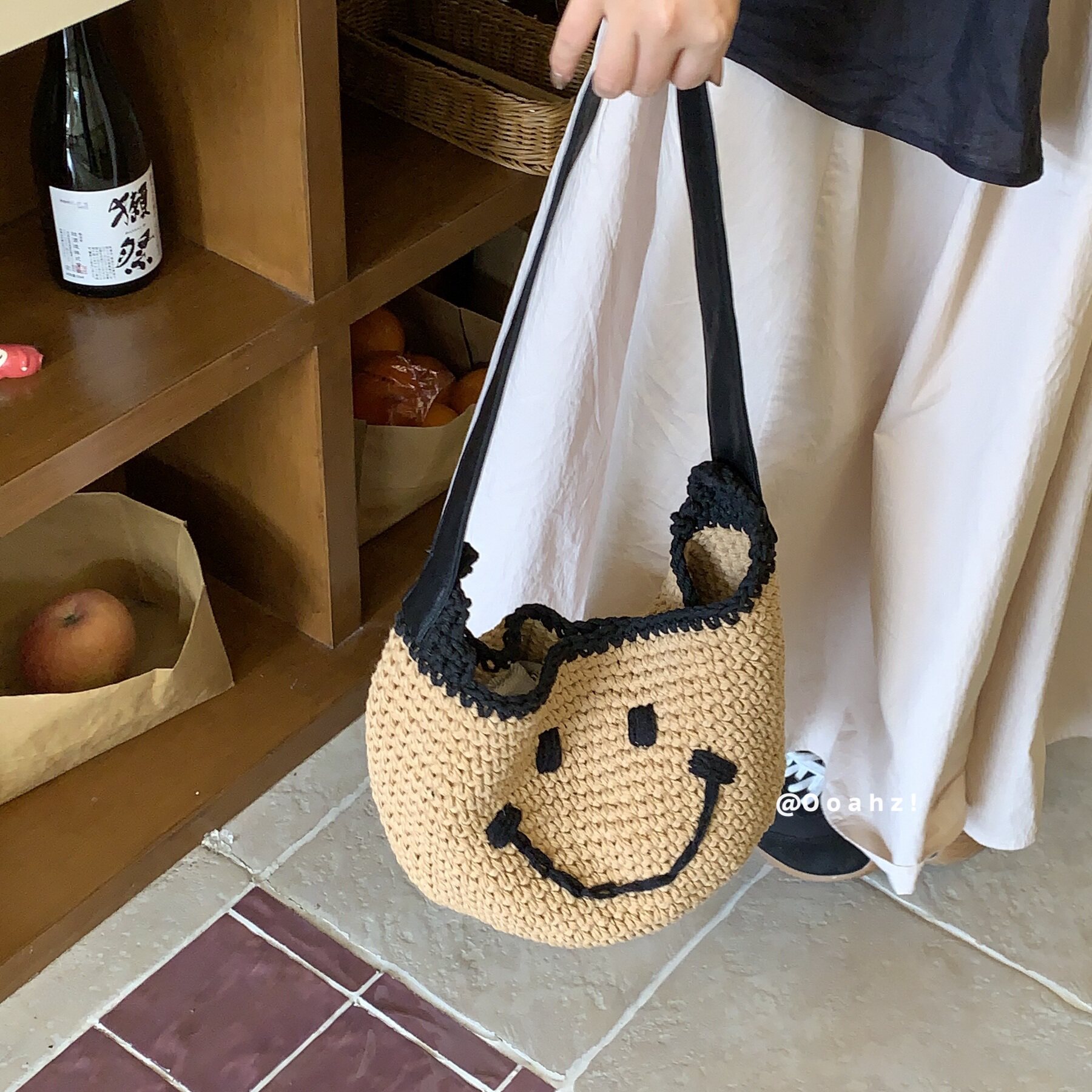 微笑emoji~夏季卡其笑脸手工编织包 小众百搭单肩包大容量棉线包