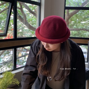 微甜甘红~秋冬羊毛毡圆顶可爱丸子帽 日韩复古百搭显脸小卷边盆帽