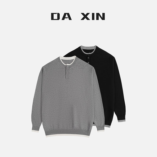 DA XIN秋冬松弛高级感亨利领假两件毛衣休闲百搭撞色打底针织衫男