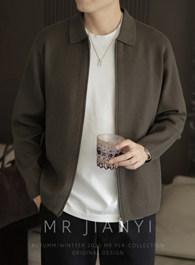 MR JIANYI秋冬810克奢享精纺双拉链翻领针织开衫商务毛衣外套男装