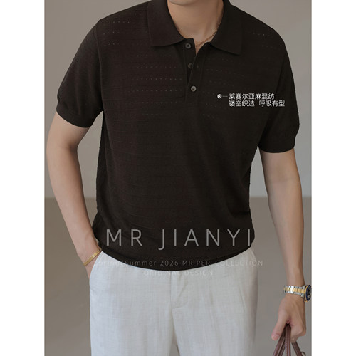 MR JIANYI夏季天丝亚麻混纺镂空针织短袖Polo衫轻薄商务休闲T恤男