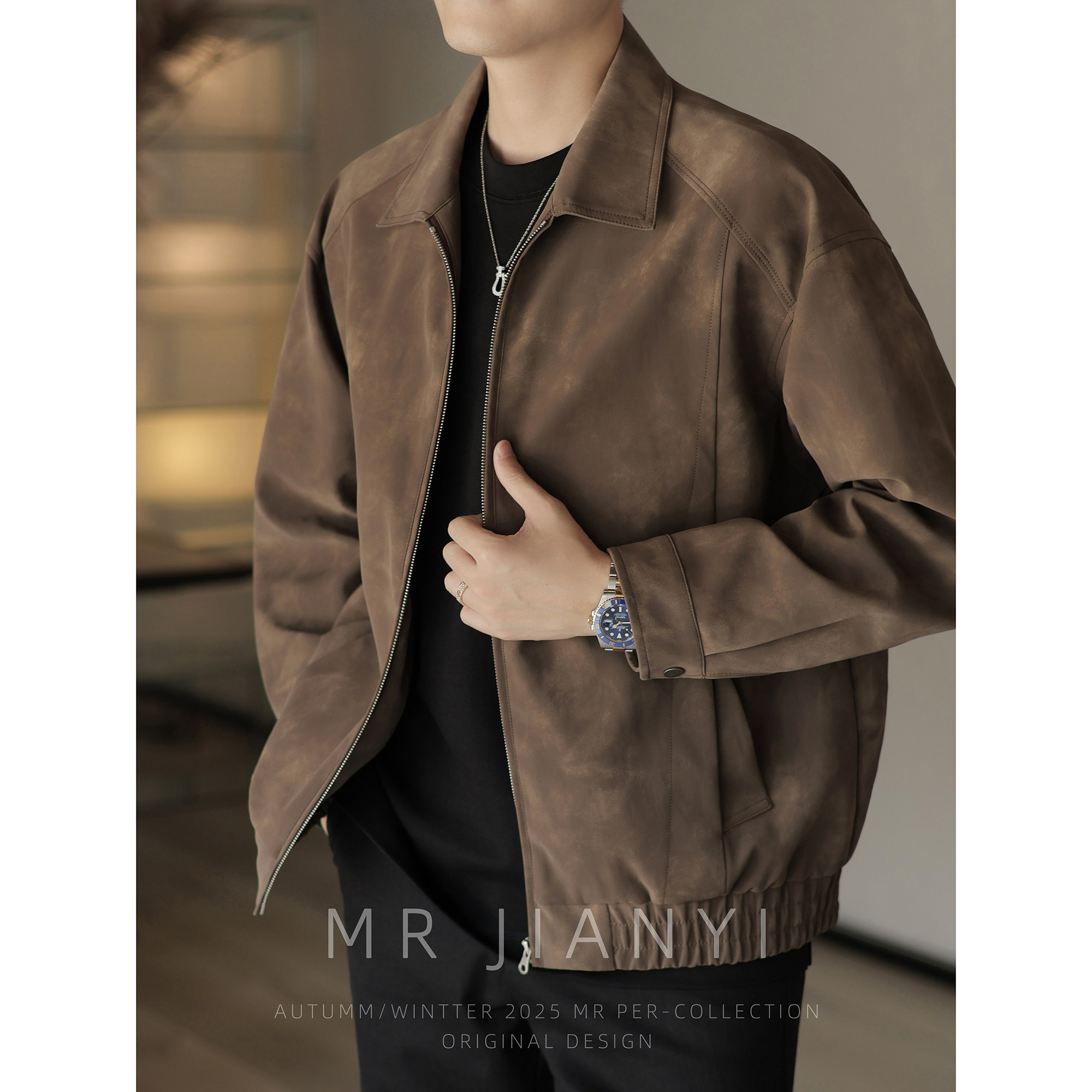 MR JIANYI 春季扎染落肩结构PU翻领皮夹克商务休闲工装皮衣外套男