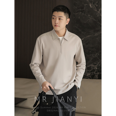 MR JIANYI春季「云际织理」假两件半拉链polo衫商务休闲长袖T恤男