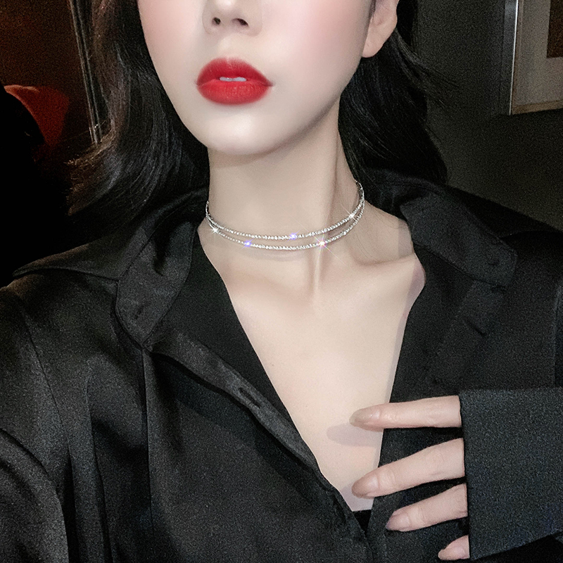 欧美双层锁颈带骨链满钻闪亮小众项链网红项圈女choker脖子饰品