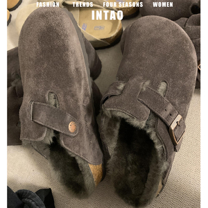 摩卡色磨砂牛皮勃肯鞋半拖女秋冬2025新款保暖棉鞋防滑厚底毛毛鞋