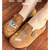 真皮包头博肯单鞋 新款 半拖女2026春季 复古笑脸刺绣涂鸦厚底勃肯鞋