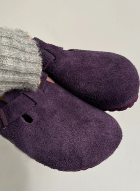 牛皮版~紫色厚底软木勃肯鞋女外穿2026新款懒人一脚蹬半包头单鞋