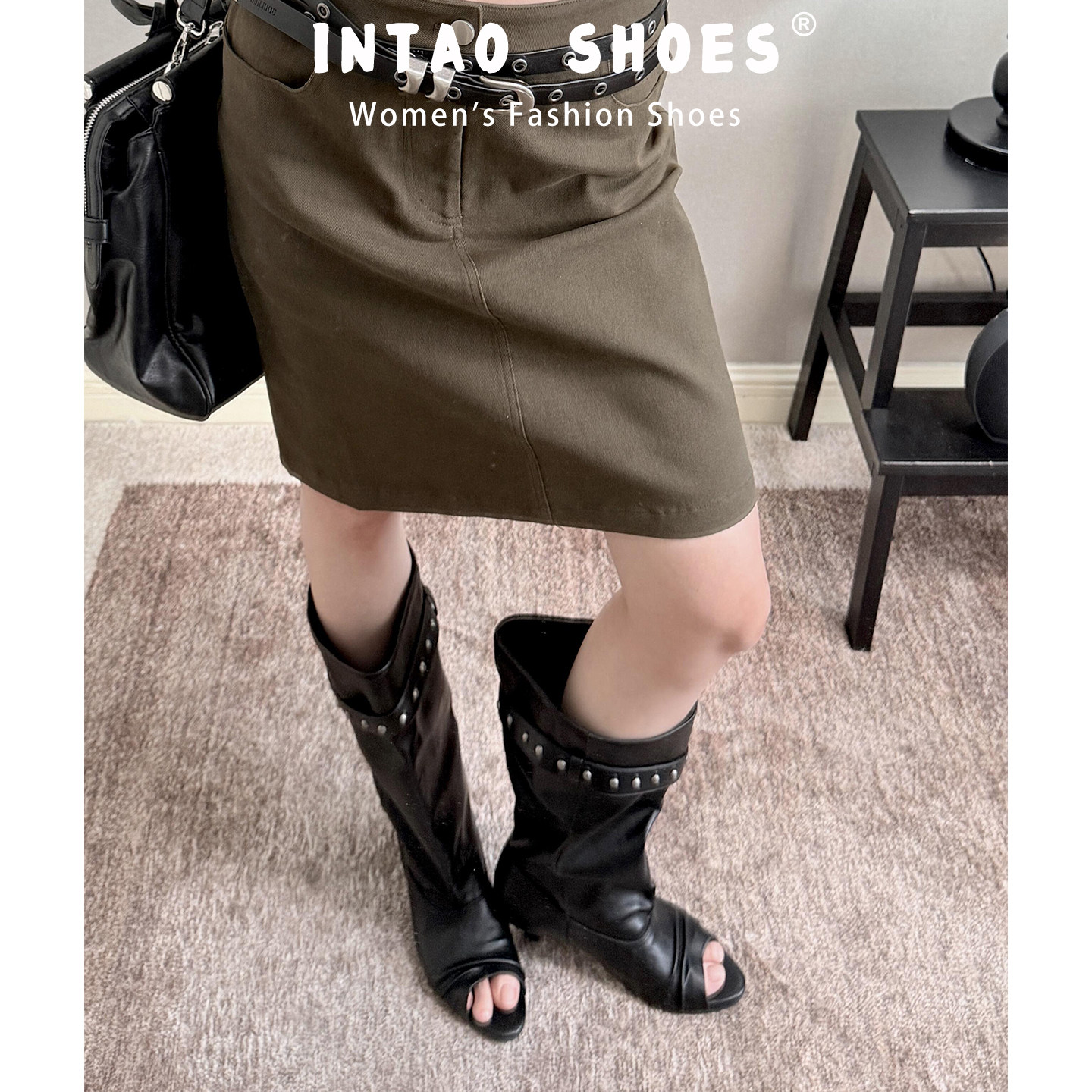 小众黑色铆钉皮带扣中筒凉靴女