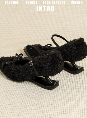 黑色一字带毛毛鞋女秋冬加绒2025新款法式尖头棉鞋小个子高跟单鞋