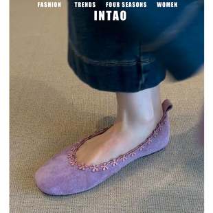 33码小个子花朵内增高紫色单鞋女2026秋季新款一脚蹬绒面玛丽珍鞋