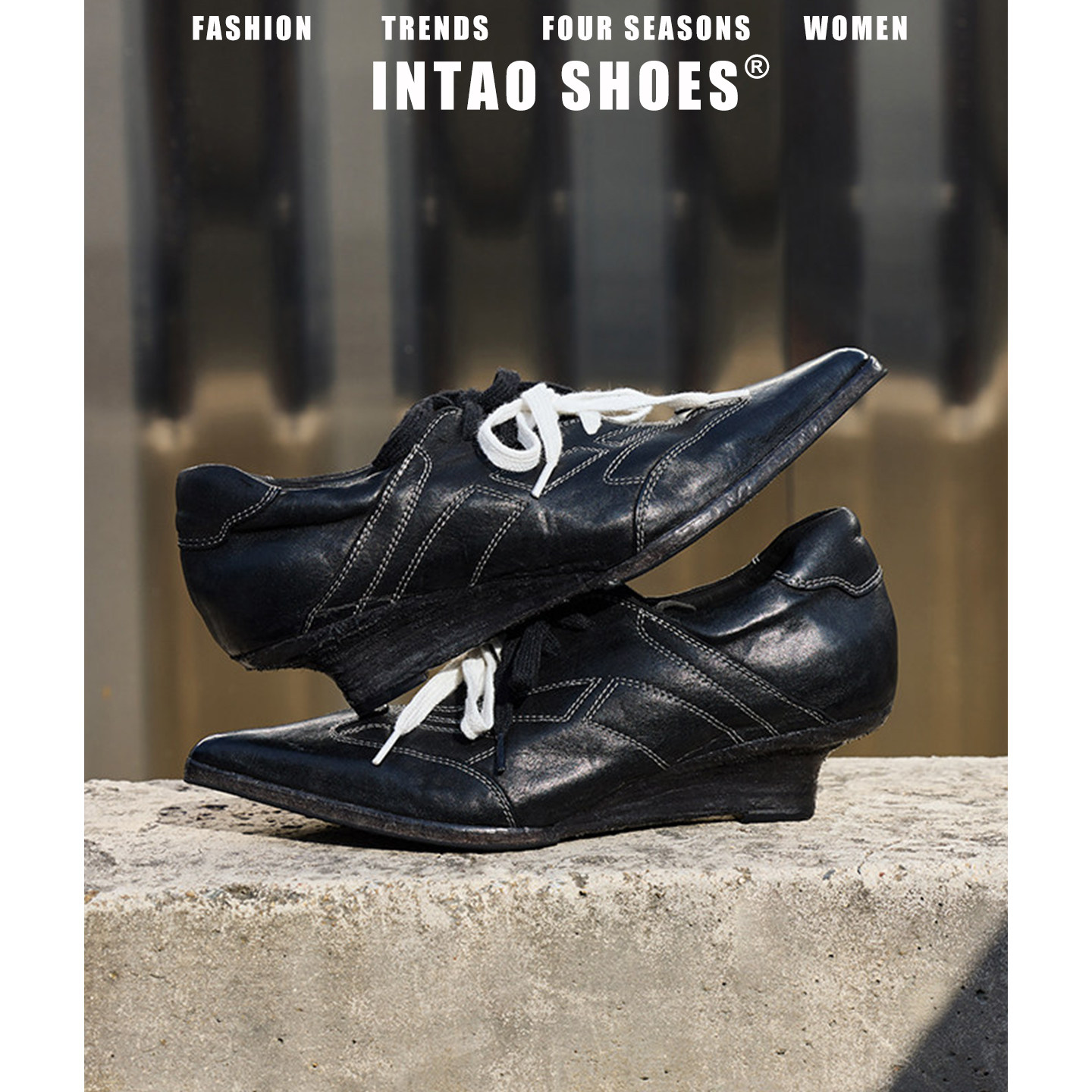 复古小众尖头系带坡跟时尚休闲鞋女2026春夏新款黑色深口高跟单鞋