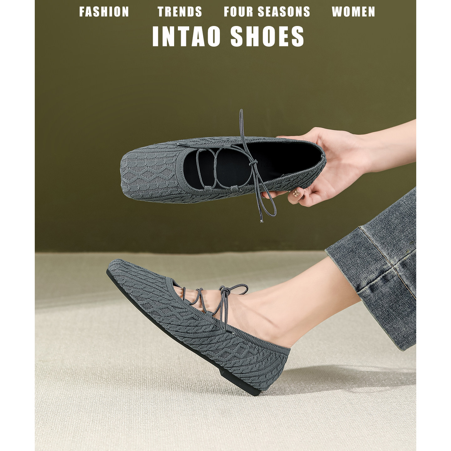 绝美灰色针织弹力系带单鞋女不累脚2026年春季新款方头平底奶奶鞋,女鞋,浅口单鞋,淘宝优惠券,粉丝福利购,淘宝优惠卷