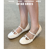 浅口单鞋 羊皮版 平底 新款 T字带法式 白色圆头玛丽珍鞋 女2026春季