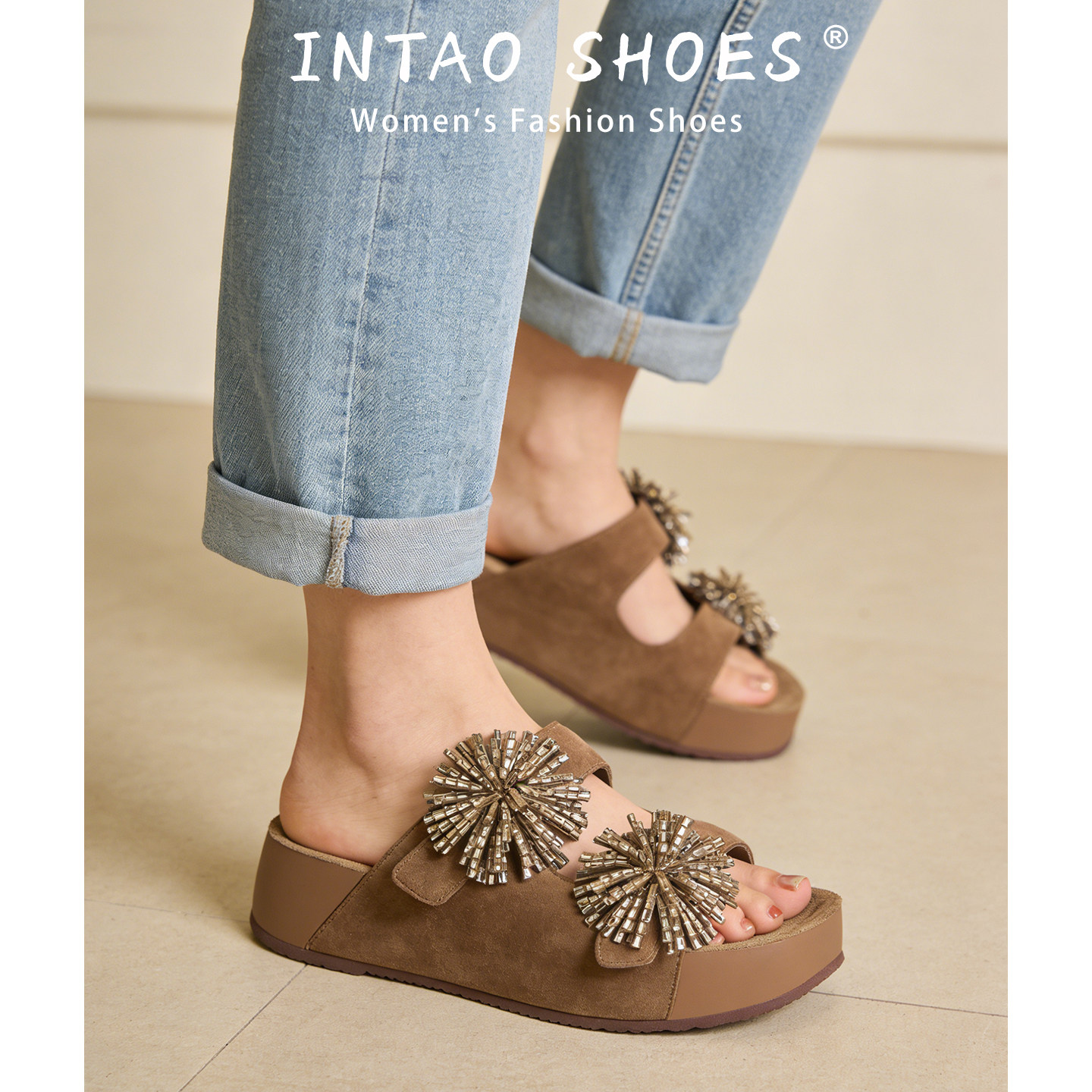 小众烟花水钻勃肯拖鞋女外穿2026夏季新款一脚蹬增高厚底博肯凉拖