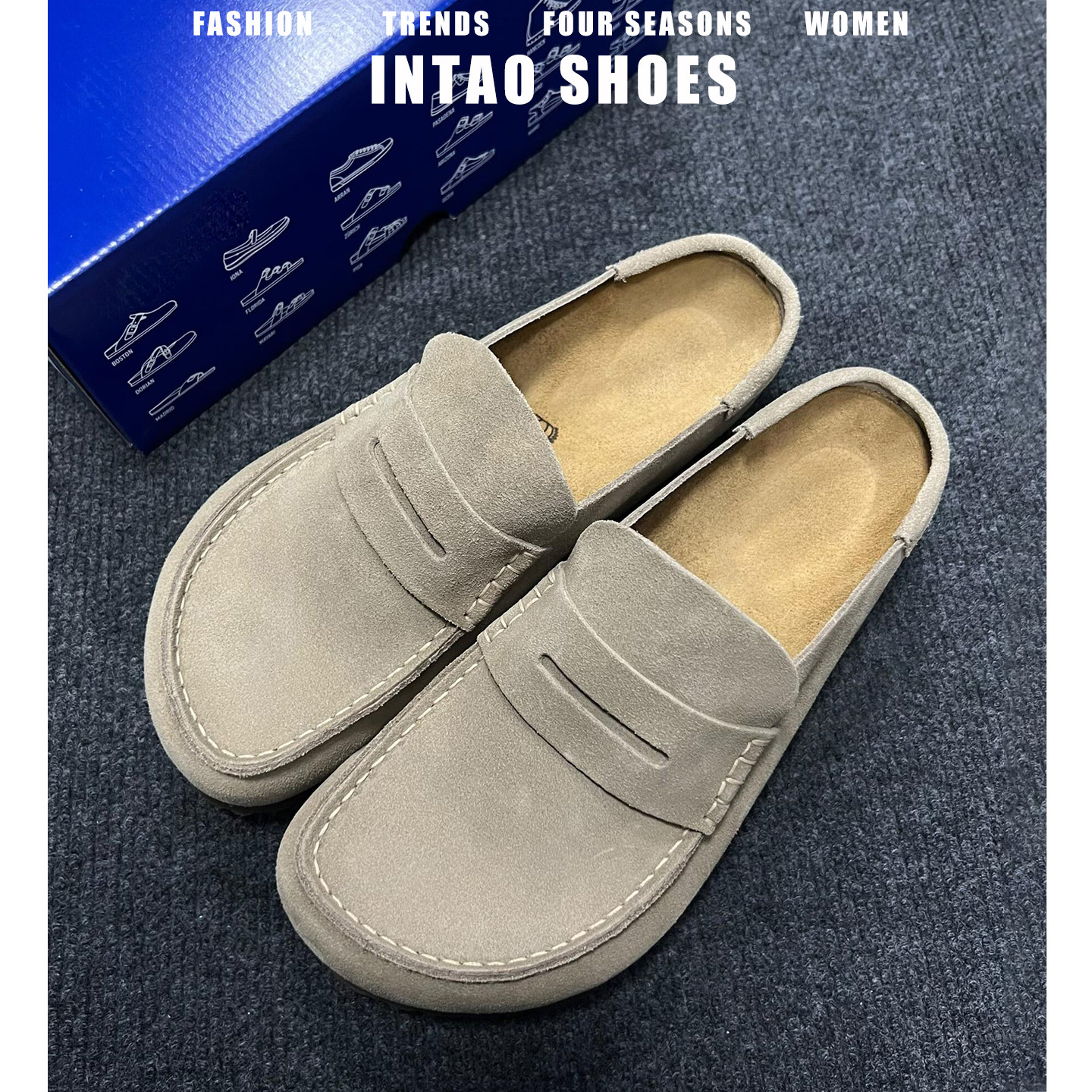 2026春季新款大码41到44厚底真皮勃肯鞋男女同款一脚蹬包头穆勒鞋