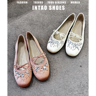 高级感法式水钻蝴蝶结单鞋女2026春季新款一脚蹬平底晚晚风温柔鞋