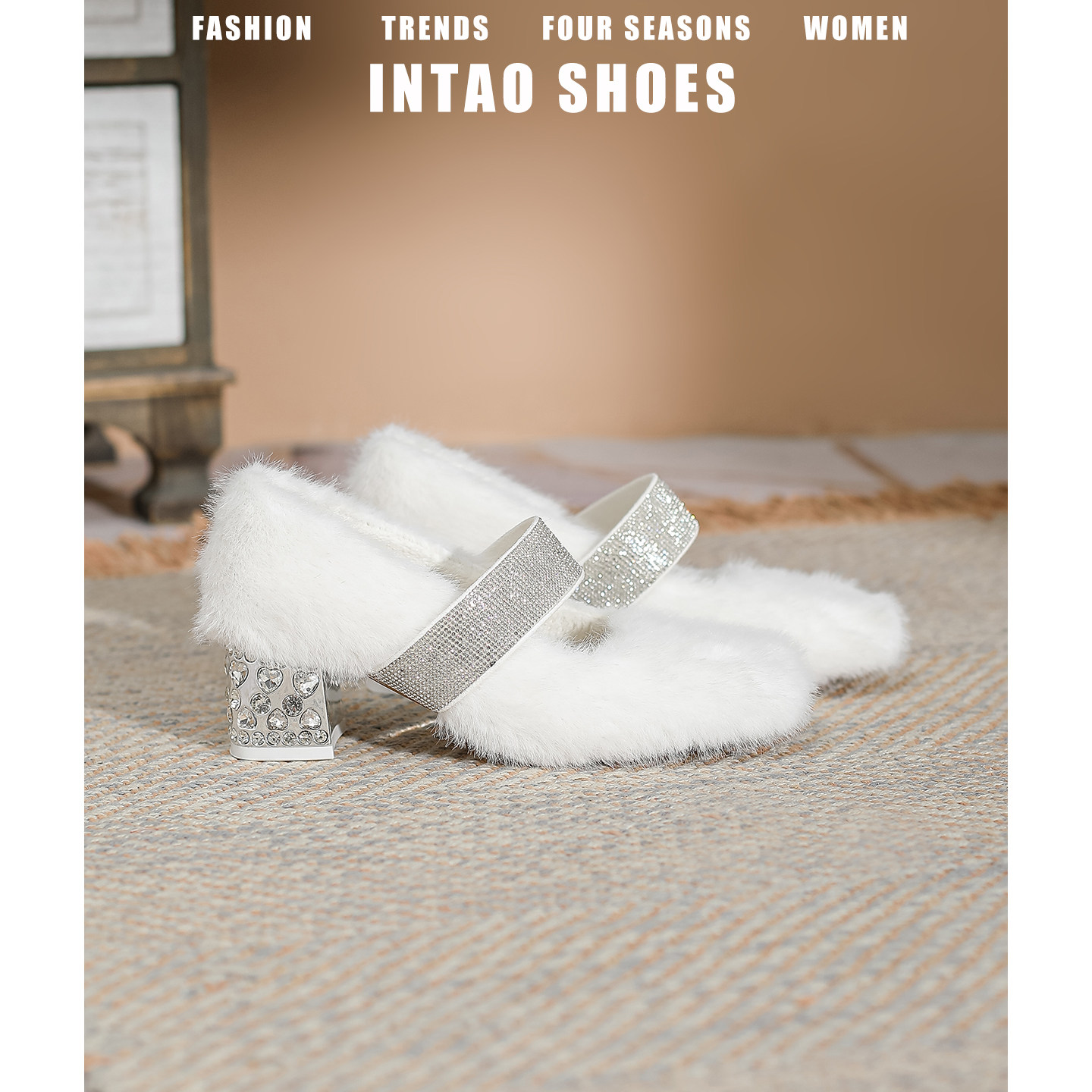 白色绝美毛毛高跟鞋女粗跟水钻爱心加绒玛丽珍鞋保暖法式气质单鞋,女鞋,浅口单鞋,淘宝优惠券,粉丝福利购,淘宝优惠卷