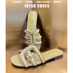 法式度假风草编织H拖鞋女夏季外穿2026新款休闲海边沙滩露趾凉拖