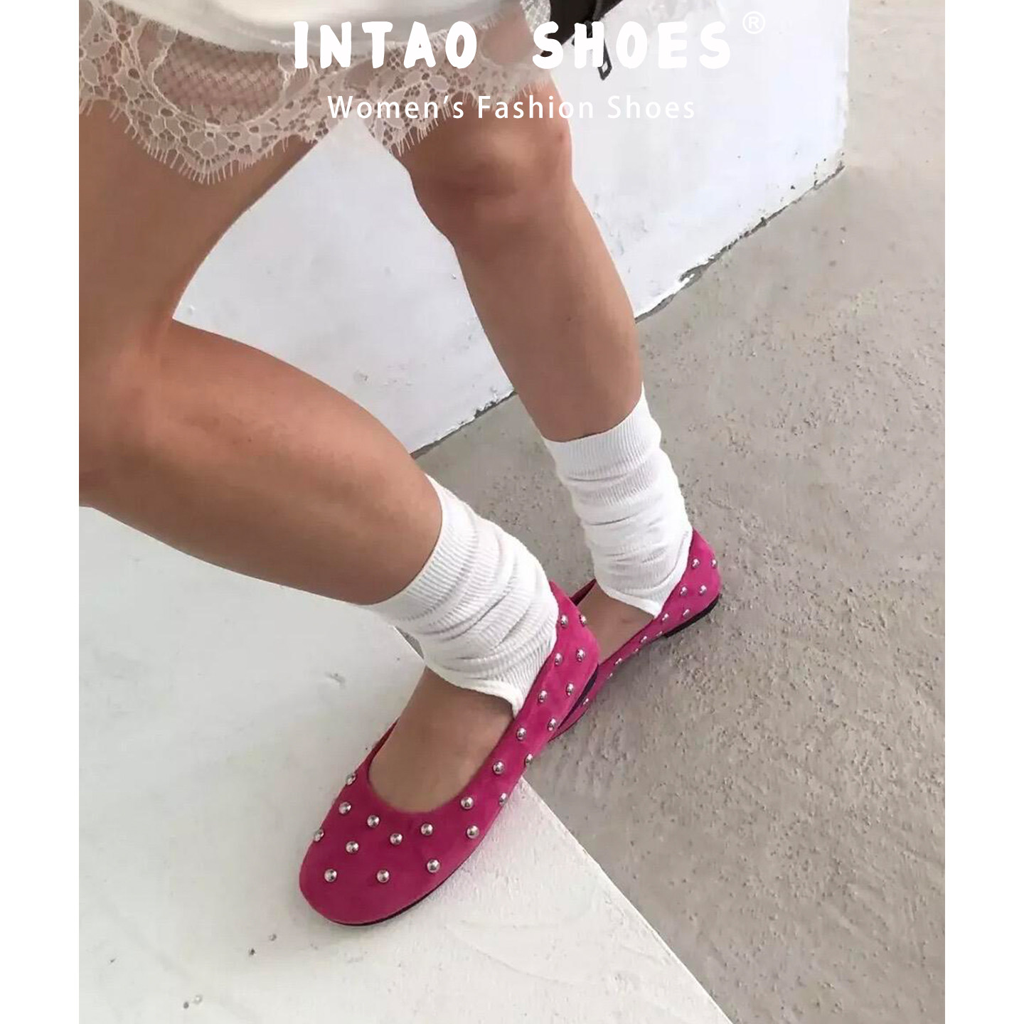小众玫红色铆钉芭蕾软底单鞋女秋