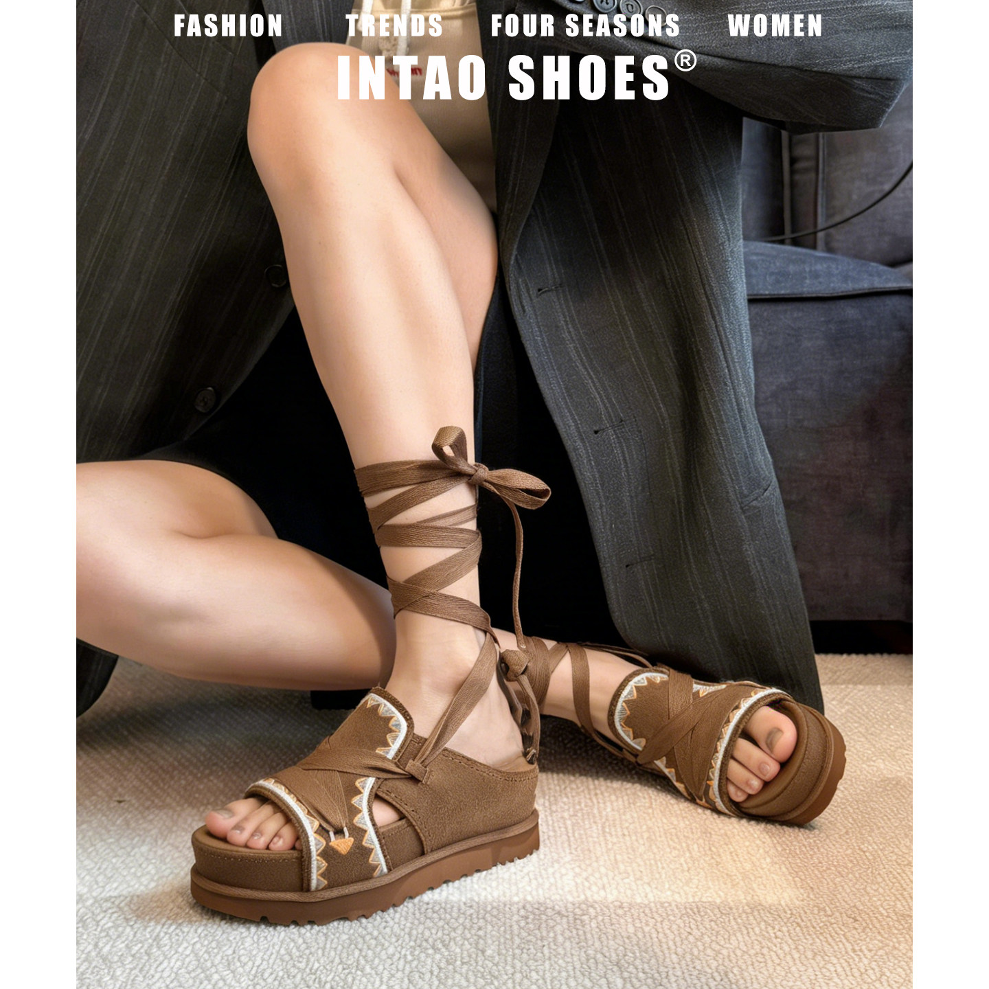 宋雨琦同款~刺绣波西米亚风绑带罗马凉鞋女夏2026新款增高厚底鞋