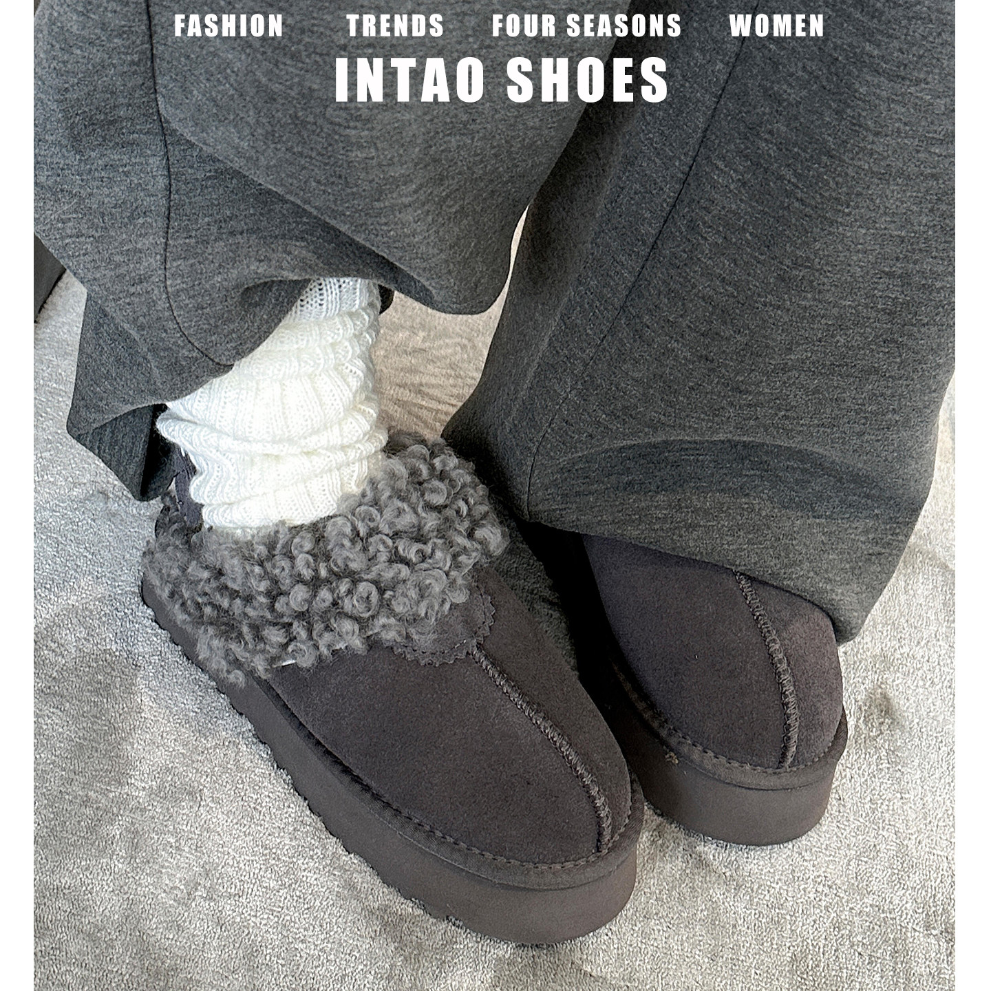 牛皮版~灰色厚底泰迪卷毛毛鞋女冬季2025新款包头加绒保暖棉拖鞋,女鞋,毛毛鞋,淘宝优惠券,粉丝福利购,淘宝优惠卷