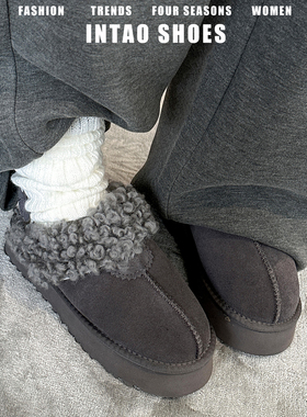 牛皮版~灰色厚底泰迪卷毛毛鞋女冬季2025新款包头加绒保暖棉拖鞋