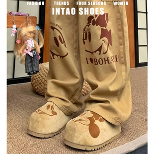 米奇联名~丑萌大头勃肯鞋半拖女2026春季新款内增高厚底包头拖鞋