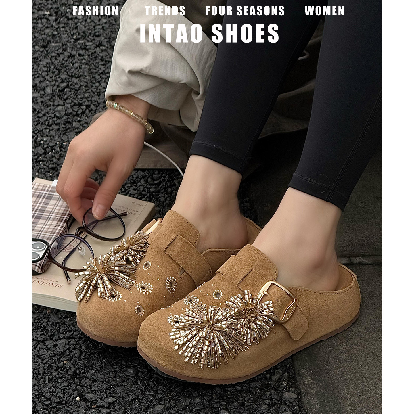 设计感小众烟花水钻厚底勃肯鞋半拖女一脚蹬半包头增高复古博肯鞋