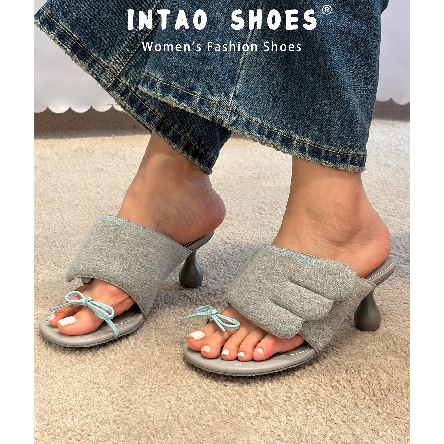 设计感小众套趾蝴蝶结凉拖女夏季外穿2026新款一脚蹬拼色高跟凉鞋