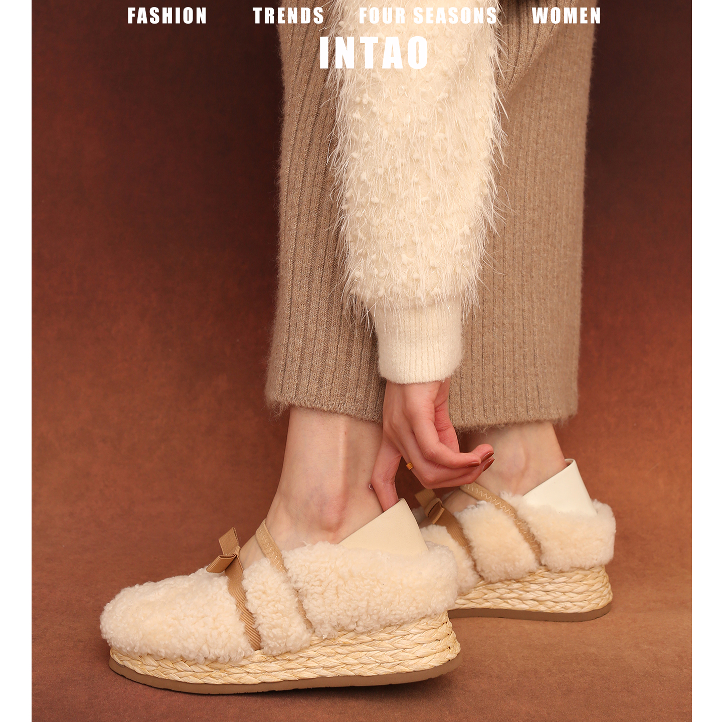 白色羊羔厚底毛毛鞋女秋冬外穿