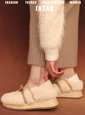 白色羊羔厚底毛毛鞋女秋冬外穿加绒棉单鞋小个子蝴蝶结草编渔夫鞋